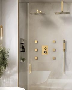 GRANDJOY Shower System with Body Jets, Dual 12" Ceiling Rainfall Shower with Handheld Sprayer & 6 Massage Body Jets, Brushed Gold (All functions can operate simultaneously)