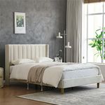 YUHUASHI Upholstered Platform Bed Frame/Full Bed Frame/Modern Geometric Double-Wing Design Headboard/Flannel and Linen Fabric/Easy to Assemble No Noise (Cream, Full)