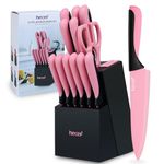 hecef 13 Pieces Kitchen Knife Set with Built-in Sharpening Wooden Block, High Carbon Stainless Steel Knife Block Set with Steak Knives, Kitchen Scissors, Pink