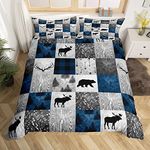 Erosebridal Rustic Bear Duvet Cover Twin for Teens Boys,Happy Camping Bedding Set Cabin Lodge Decor,Wild Animal Elk Antler Comforter Cover,Hunting Patchwork Quilt Cover 2pcs Blue Grey Camper Gift