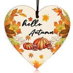 Hello Fall Autumn Gifts, Autumn House Decor Wooden Heart Sign Gifts, Pumpkins, Maple Autumn Accessories Decor for Thanksgiving and Autumn