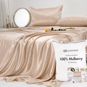 PROMEED - 100% Silk Sheets 4pcs Set - 23 Momme Mulberry Silk Bedding Set Queen Size - Cooling Bed Sheets Set with Fitted Sheet, Flat Top Sheet and Silk Pillowcase (Champagne, Queen)