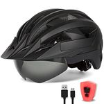 FUNWICT Adult Bike Helmet with Visor and Goggles for Men Women Mountain Road Bicycle Helmet Rechargeable Rear Light Cycling Helmet (XL: 59-63 cm (23.2-24.8 inches), Black)