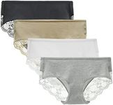 LIQQY Women's 4 Pack Cotton Mid Rise Full Coverage Lace Hipster Brief Panty Underwear (Small, Black/Nude/Grey/White)