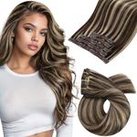 Moresoo Clip in Hair Extensions Human Hair Brown Ombre Blonde Human Hair Extensions Clip in Dark Brown with Strawberry Blonde Highlight Human Hair Clip in Extensions 12 Inch 5Pcs 70G