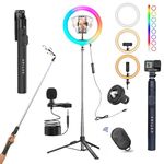 USTINE® Youtuber Kit | 10" RGB Ring Light | Imported mic | Extra-Long Selfie Stick with Large Reinforced Tripod Stand Upto 67 inch/170 cm with, BT Remote, Fb Videos, Reels, Vlog (with 10" RGB Light)