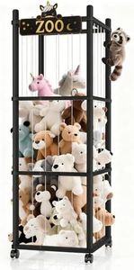 Stuffed Animal Storage Zoo Tower,56In Wooden Large Stuffed Animal Holder Organizer with Wheels,Stuffy Plushies Storage with Elastic Band&Mesh Bottom,Toy Storage Organizers for Playroom Nursery（Black）