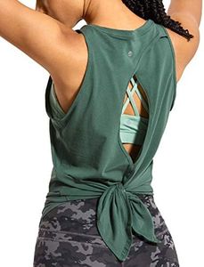 CRZ YOGA Women's Pima Cotton Tie Back Workout Sleeveless Sport Shirts Open Back Gym Tank Tops Yoga Vest Graphite Green Medium