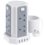 Tower Extension Lead 5M, (13A 3250W), 8 AC Outlets and 4 USB Ports Extension Tower, Surge Protection with 4 Independent Control Switch, Extension Cable for Office, Home, Kitchen