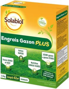 SOLABIOL Engrais Gazon Plus - 2,5 kg - Granulés - Jusqu'à 62m² - Nutrition Longue Durée - Gazon Dense & Vert - Action Rapide - Utilisable En Agriculture Biologique SOGAZPLUS25