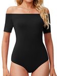 LAOLASI Off Shoulder Body suits Short Sleeves Slim Fit Sexy Casual Soft Plus Size Bodysuit Tshirts for Women, Black, 3X-Large