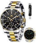 OLEVS Mens Watches Two Tone Stainless Steel Classic Dress Quartz Waterproof Luminous Luxury Big Face Casual Date Wrist Watches Moon Phase Multifunction Chronograph