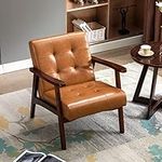 HomeMiYN Leather Armchair with Wood Frame,Mid-century Wooden Armchair Retro Tufted Accent Chair,Upholstered Club Chair for Living Room Bedroom Reception (Orange)