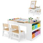 COSTWAY 2-in-1 Kids Art Table and Chairs Set, Wooden Toddler Craft Easel Desk with 2-Tier Open Shelf, Storage Bins, Paper Roll and Paint Cups, Children Play Activity Furniture Set