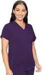 Med Couture V-Neck Scrub Top for Women with 4 Pockets, Rib-Knit Side Panel, and Shirttail Hem MC7459, Eggplant, Medium