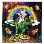 Cute Kids Shower Curtain, Cool Unicorn Riding Dinosaur Shower Curtain Sets for Bathroom, Creative Funny Colorful Rainbow in Fantasy Galaxy Space Waterproof Home Decor Accessories with Hooks (60X70)