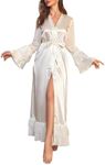 OYOANGLE Women's Silk Satin Robe Long Sleeve Wrap V Neck Ruffle Hem Belted Bride Wedding Party Bathrobe White Medium