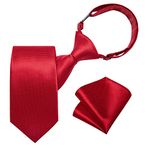 DiBanGu Adjustable Boys Solid Red Tie Silk Kids Pre-Tied Necktie and Pocket Square Set for Age 8-14