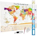 Premium Scratch Off World Map - Rainbow Water Colours Edition w Outlined Canadian Provinces & US States - 5 PCS Bundle - The Ultimate Travel Gift Poster w Canada & Gold Flags