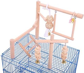 QBLEEV Bird Cage Play Stand Toy Set-Birdcage Wood Stands Hanging Chew Toys Ladder Swing Parrot Perch Play Gym Playground Accessories Activity Center for Conure, Parakeets, Budgie, Cockatiels,Lovebirds