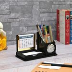 Gift Kya De Desk Organizer with Clock & Calendar Office Table Accessories 2024/2025 Calendar for Office Desk Wooden Pen Stand with Clock/Corporate Gift/Eco-Friendly- Black