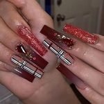 24 PCS Red Press on Nails Wearable Long Fake Nails Geometric Line Press on Fake Nails Glossy False Nails Full Cover Acrylic Nails for Women & Girls