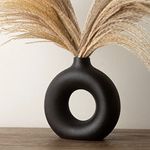 Black Vase for Pampas Grass, Black Living Room Accessories, Black Ornaments, Black Ceramic Donut Vase, Matt Black Round Circle Vase, Black Room Decor, Black Bedroom Accessories, Modern Shelf Decor