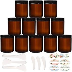 HWASHIN 12 Pack 8 oz Amber Glass Jars with Black Lids, Round Cosmetic Containers for Lotion Cream (Labels and Cosmetic Spatulas Included)