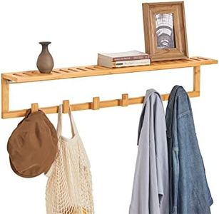 SoBuy FHK06-N Étagère Porte-Serviette Porte-Manteau Mural Penderie Patère Murale en Bambou avec Étagère et 6 Crochets - L90 x P12,5 x H16,5cm