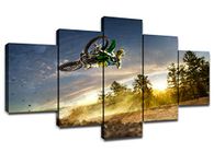 Dirt Bike Pictures on Canvas Wall Art Cool Paintings for Wall 5 Panel Canvas Poster Motocross Dining Room Artwork Framed Wall Decor for Living Room Ready to Hang(60''Wx32''H)