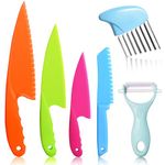 FEISIGE 6Pcs Plastic Knives, Knife for Kids, Kids Knife for Chopping, Kitchen Knives Child Safety Knife in 4 Sizes and Plastic Cutting Board/Paring Knife for Vegetables Fruits Salad