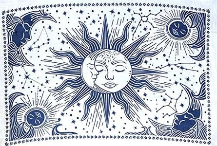 ICC Sun and Moon Tapestry Wall Hanging Room Decor Bedroom Aesthetic Tapestries Mystic Art Ceiling Blanket Home Psychedelic Hippie Mystical Star Beach White And Blue 30 x 40 Inches