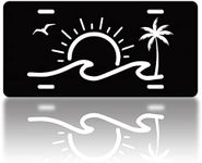 Ocean Wave And Sun License Plate Cover Hawaiian Palm Tree License Plate Funny Stainless Steel Car Decoration Accessory Vanity Tag For Usa Canada Standard License Plate Holder For Men Women12.2" X 6.2"