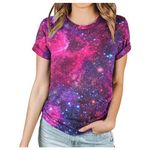 LMSXCT Space Galaxy Nebula Galactic Pattern T-Shirts for Women Novelty Universe Graphic Tees Summer Short Sleeve Tops Blouses Hot Pink