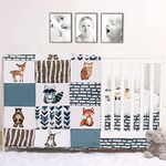 PINNKKU 3-Piece Woodland Forest Animals Crib Bedding Set, Crib Bedding Sets for Boys, Navy Blue Plaid, Bear, Fox and Deer, Comforter, Skirt, Crib Sheet