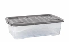 Strata 4 x 30 Litres Curve Plastic Stackable Storage Box & Lid with clip-on lids, 4 Pack, Multi storage box for home and office storage solution Clear Box, Grey Lid, (17cm H x 40cm W x 60cm D)