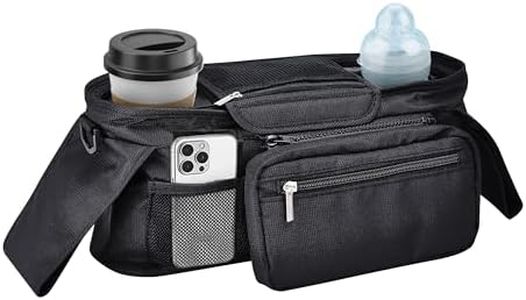 Enovoe Stroller Organizer - 12.9"x 6.3"x 3.9" Textile Stroller Storage Bag - Stroller Caddy Organizer with Insulated Cup Holders and Detachable Pocket - Stroller accessories - Easy to Use - Black