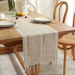 Yicorgard Farmhouse Table Runner Rustic Style 13“ x 90”, Braided Striped Linen Beige Table Runner 90 Inches Long with Tassels for Dining Room Kitchen Cream Dresser Décor,Khaki