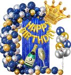 Party Propz Birthday Decorations Silver Blue and Gold Balloons 62Pcs for Adult With Happy Birthday Banner Crown Champagne Balloons for 18th 21st 30th 40th 50th 60th 70th Decor