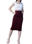 NEUDIS Women Wine Polyester Lycra High Waist Midi Pencil Skirt with Pockets