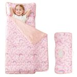 Viviland Toddler Kids Nap Mat for Preschool, Girls Pink Rainbow Slumber Bag, Daycare Sleeping Bag with Pillow and Blanket, Kindergarten Sleep Mat