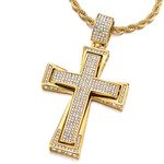 COOLSTEELANDBEYOND Mens Women LARGE Steel Cross Pendant Gold Color Necklace with Cubic Zirconia, 30 inches Wheat Chain(CA)