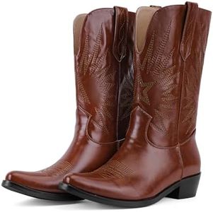 QIV Brown Mid Calf Boots for Women Short Western Cowgirl Boots With Star Embroidery Pointed Toe Low Heel Easy Pull-On Fit Size 11