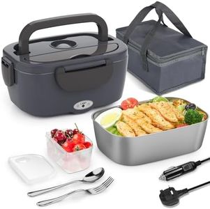 Carsolt Electric Heated Lunch Box, 80W Heated Lunch Boxes for Adults 1.5L Portable Food Warmer 12V/24V 230V Thermal Lunch Box for Car/Home with Insulated Carry Bag and Fork & Spoon (Grey UK Plug)