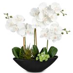 Arborus Orchid Fake Flowers 18in White Artificial Orchid Silk Flowers in Black Pot Faux Orchid Arrangement for Home Office Bathroom Dining Table Modern Decoration