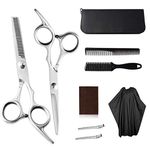 VASLON Haircutting Scissors Hairdresser Scissors Set Cutting Professional Stainless Steel Reinforced Barber Salon Kits Shears Thinning Texturizing with Comb, Clips, Barber Cape Cloth for Salon and Home (9 pcs)