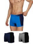 XYXX Men's Underwear Dualist IntelliSoft Antimicrobial Micro Modal Trunk Pack of 3 (Steel Grey & Black;Black Iris & Black;Brilliant Blue & Black Iris; L)