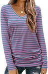 Zeagoo Striped Color Block Long Sleeve V Neck T-Shirts Casual Loose Tops Fall Tee Shirt Pink Blue L