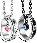 MJartoria Matching Necklaces for Couples, His and Hers Engraved Rhinestone Ring Pendant Set Gifts for Boyfriend Girlfriend, Stainless Steel