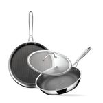 Stahl Artisan Hybrid 3 Piece Triply Stainless Steel Cookware Set | Dosa Tawa 28cm + Fry Pan 24cm with Glass Lid | Induction & Gas Compatible | Non-Stick Honeycomb Hybrid Cookware Combo